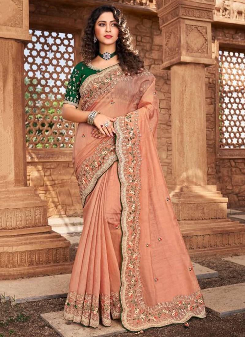 Dia Mirza on Peach Color Soft Banarasi Silk Saree with Golden Zari Wor –  shalenafamily