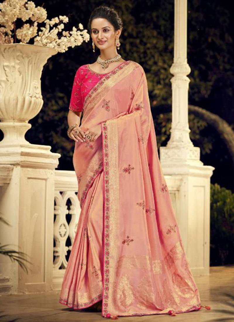 Boat Neck Blouse With Peach Saree