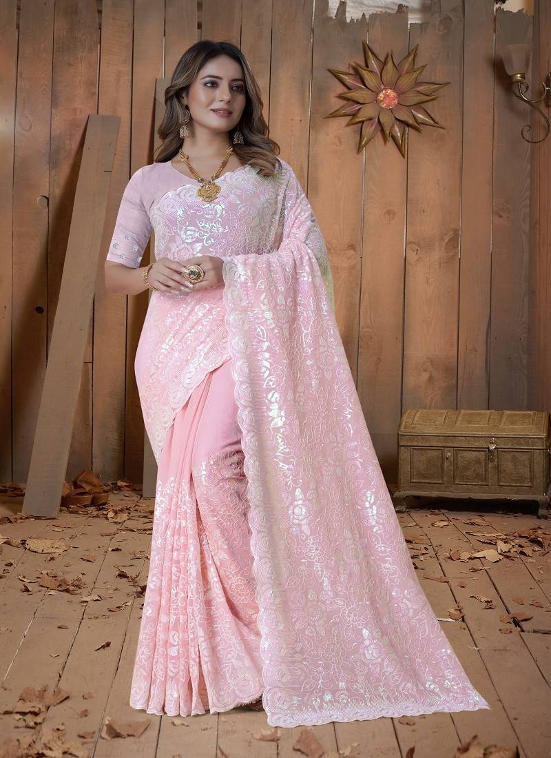 Peach Art Silk Floral Woven Saree with Embroidery Sequin Border -...