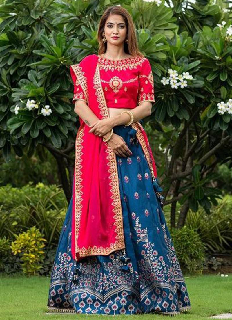 Sky Blue Pink Embroidery Sequins Work Lycra Glitter Wedding Lehenga Choli.  Buy Online Shopping Lehenga Choli At -UK