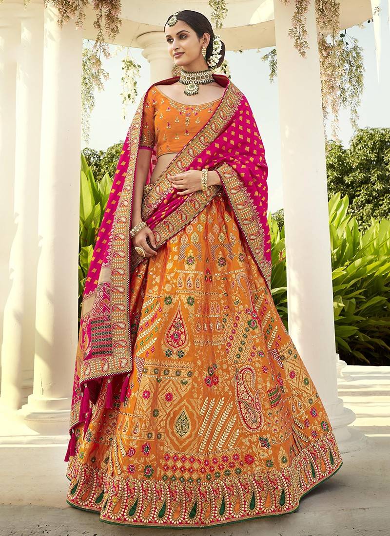 Rose Pink Wedding Wear Woven-Embellished Banarasi Silk Lehenga Choli