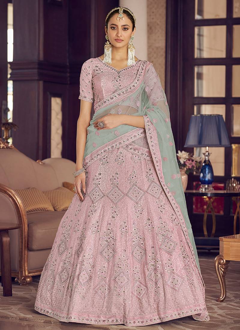 Embroidered Work. Semi-Stitched Pink Net Wedding Wear Lehenga Choli, Size:  46 at Rs 1899 in Surat