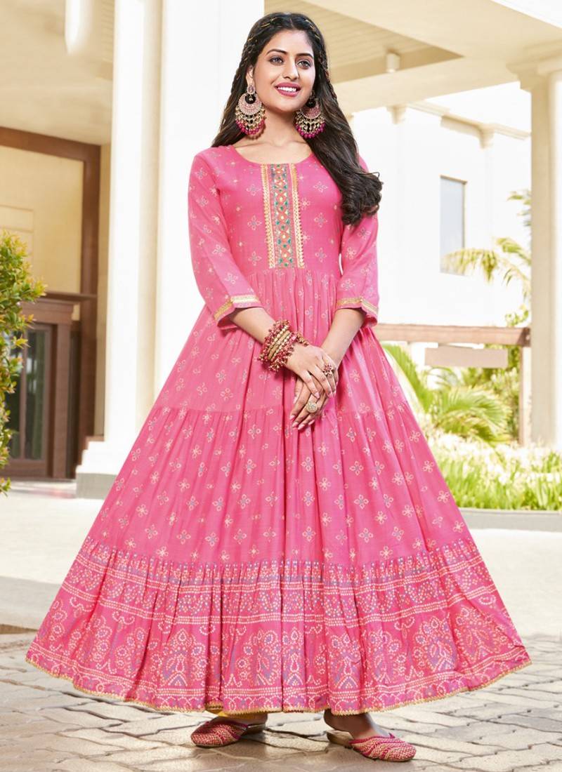 Pink Dola Silk Embellished Hand Work Jacket Style Flared Ethnic Dress –  SCAKHI