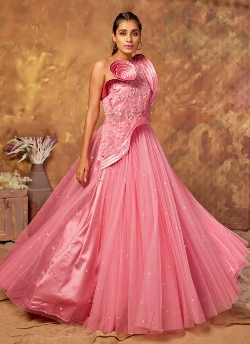 Peach Colored Thread And Sequence Work Elegant Long Gown For Party Wea –  Cygnus Fashion