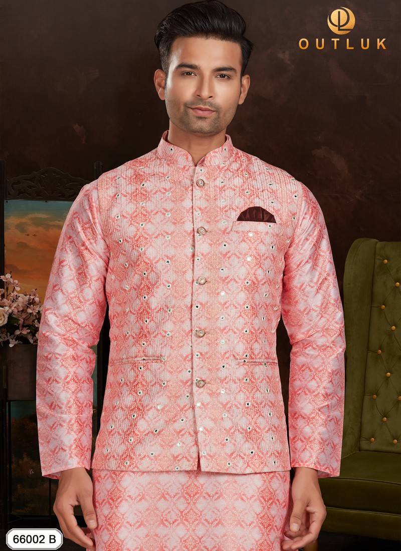 Mohanlal Sons Pink Slim Fit Embroidered Nehru Jacket