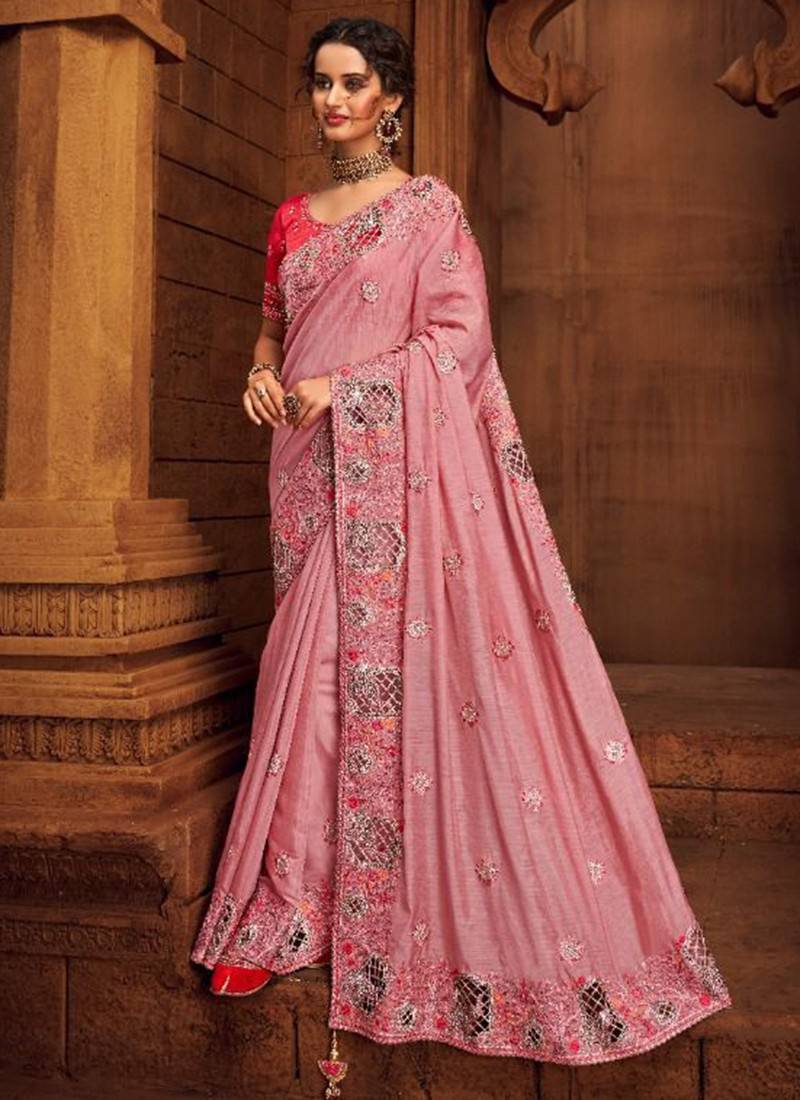 Best Designer Pink Color Heavy Work Designer Saree For Bride.