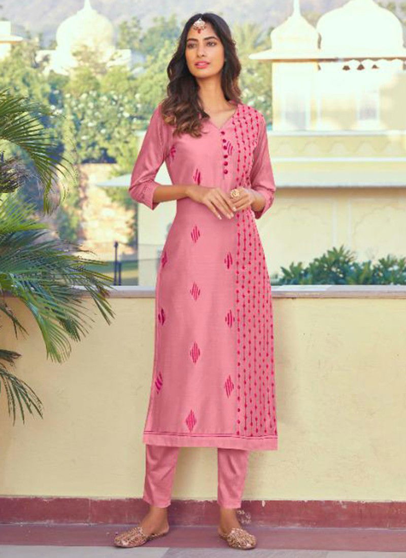 Kaveri Pure Mul Cotton Nayra Cut Kurti With Work Kurti With Bottom Dupatta  Pink Color DN 1001