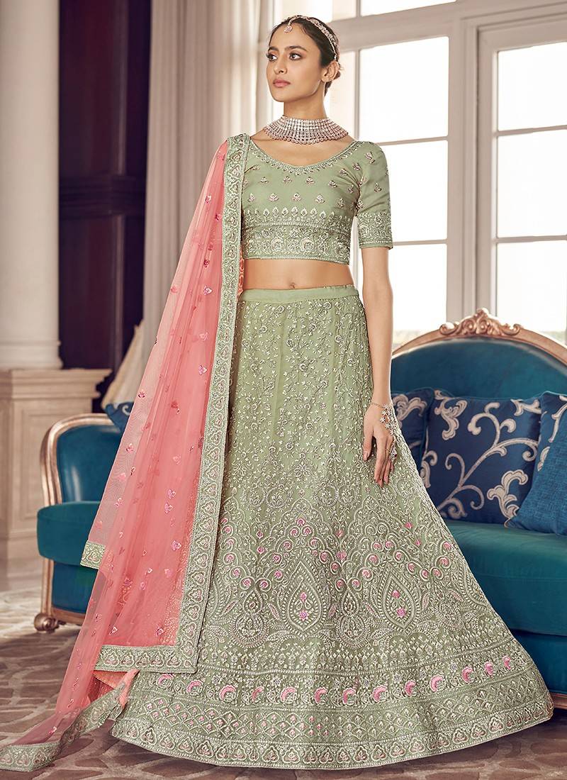 Pista Color Taffeta Silk Bridal Lehenga Choli with Embroidery Thread Work  in USA, UK, Malaysia, South Africa, Dubai, Singapore