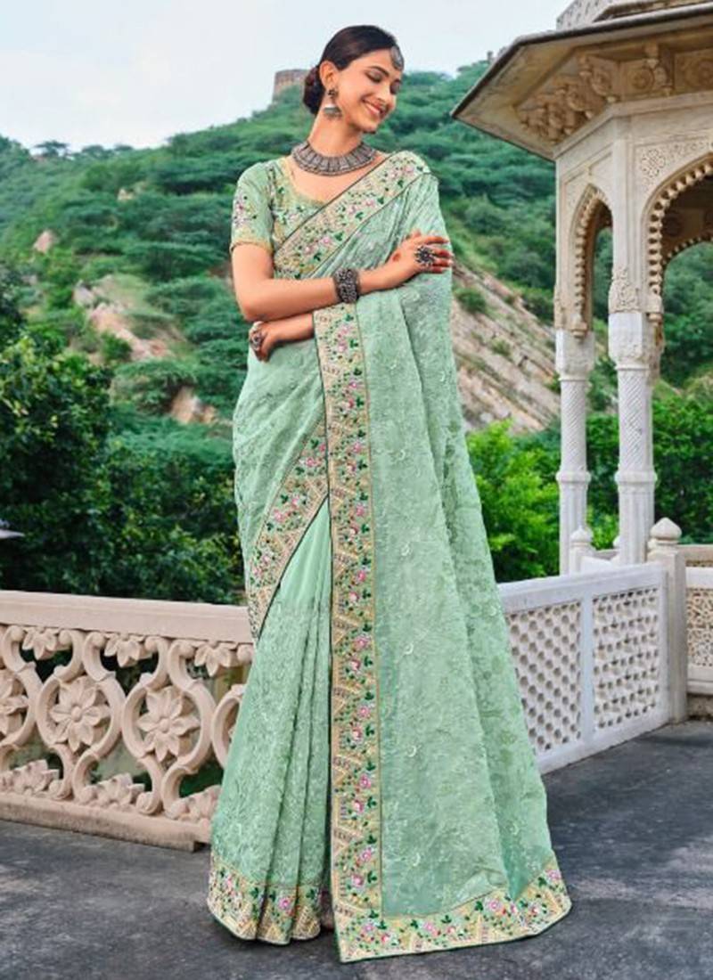 Sage Green Woven Dola Silk Saree with Designer Embroidery Blouse – Rushini