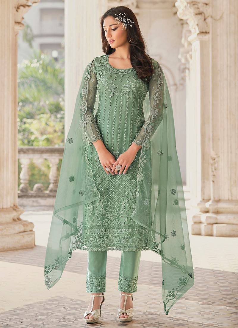 Pista Green Net Lucknowi Salwar Suit with Cotton Thread Embroidery & S –  Ethnos