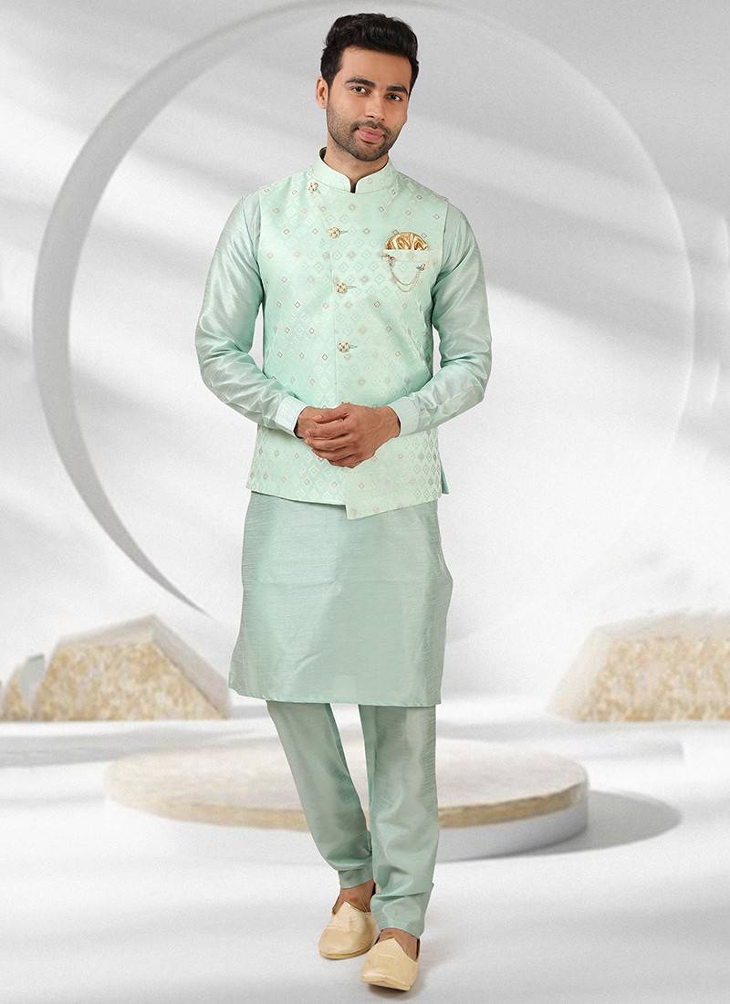 Pista Green Nehru Jacket Suit