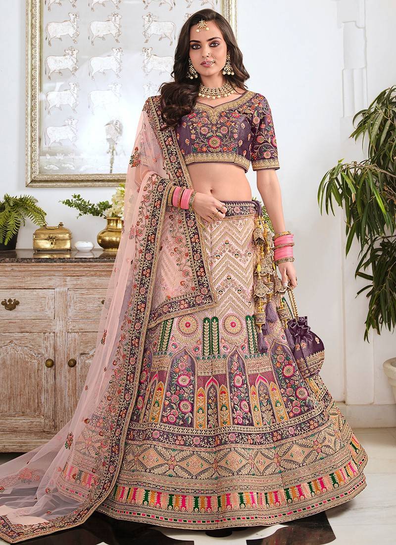 Pure Micro Velvet Bridal Wear Lehenga In Purple Color With Embroidery Work  - Sale