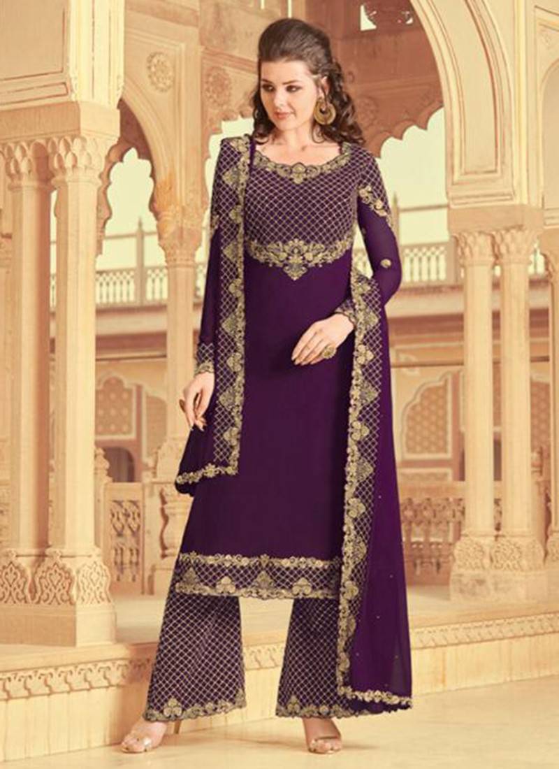 Dazzling Embroidered Georgette Purple Salwar Suit