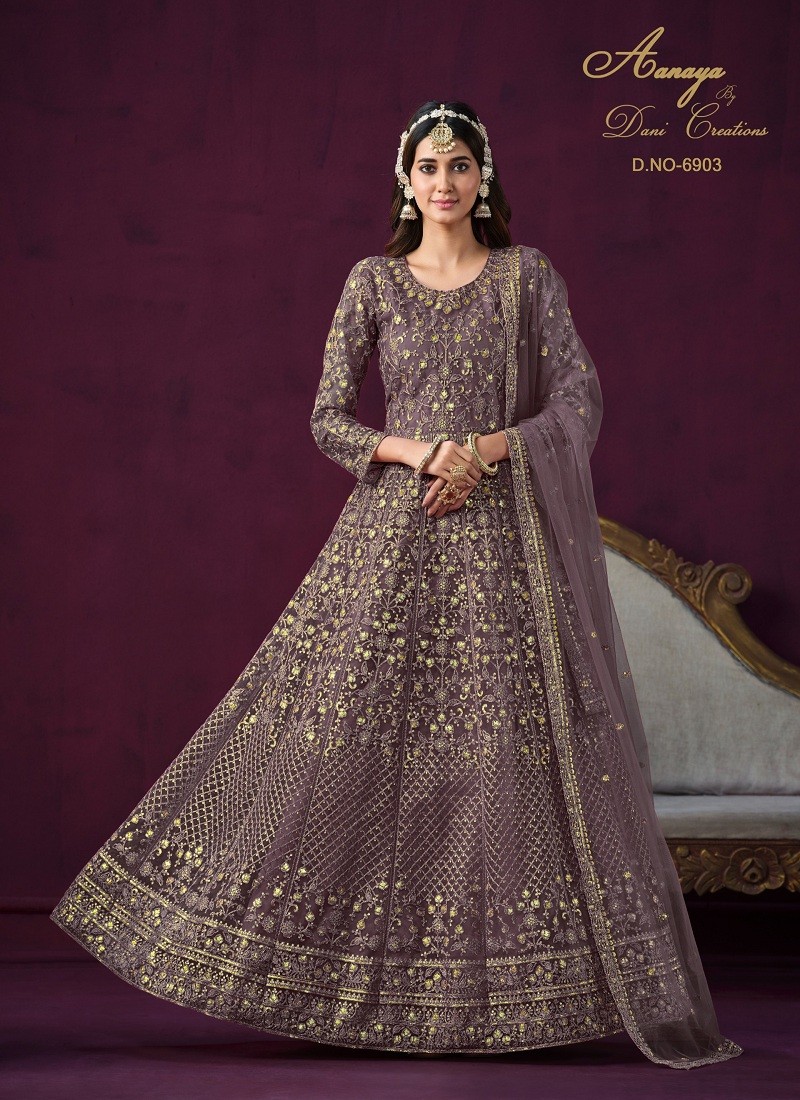 Gown : Brown net heavy embroidered wedding gown with dupatta
