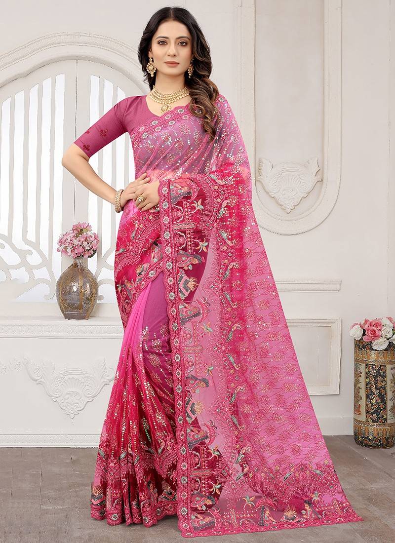 Party Wear Grey Digital Net Saree With Flower Heavy Work - VJV Now - India