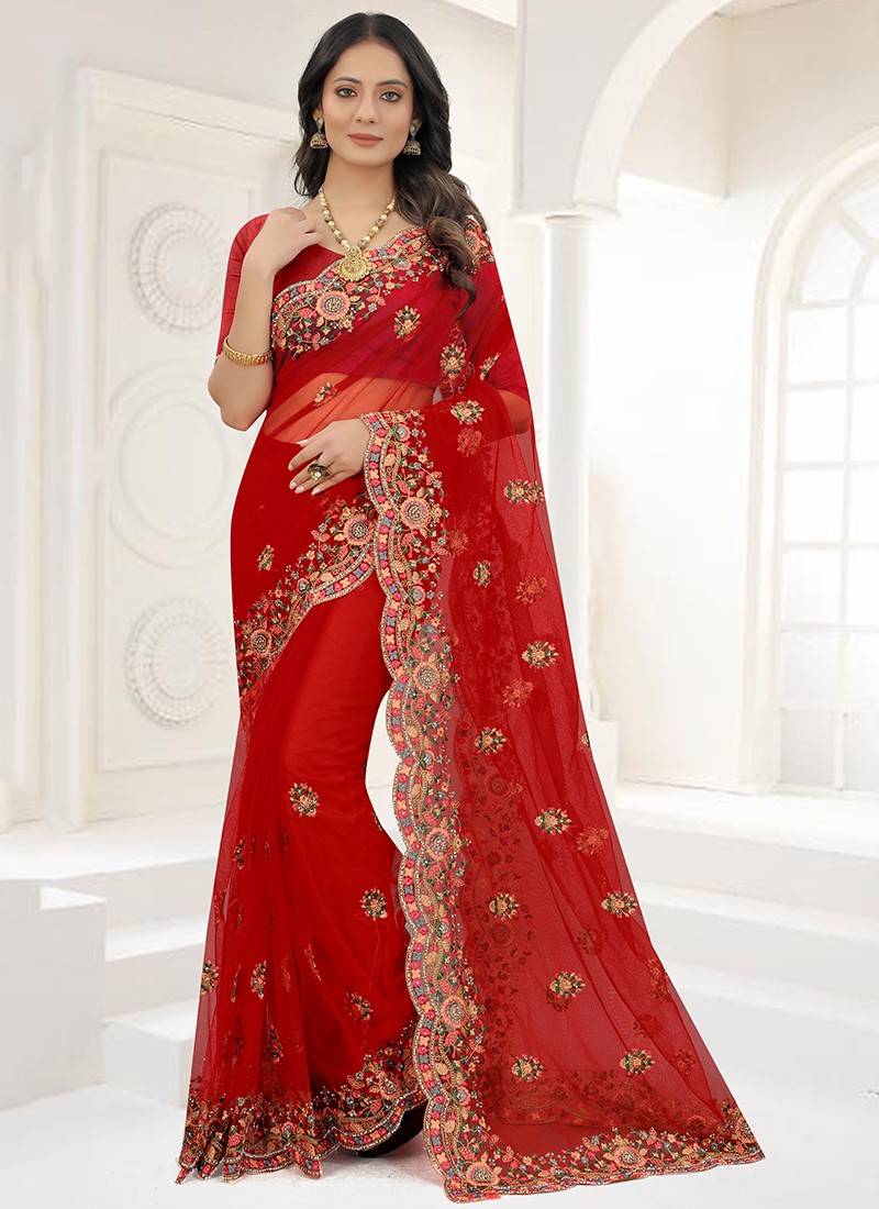 Party Wear, Traditional Red and Maroon color Organza Silk, Silk fabric Saree  : 1875900