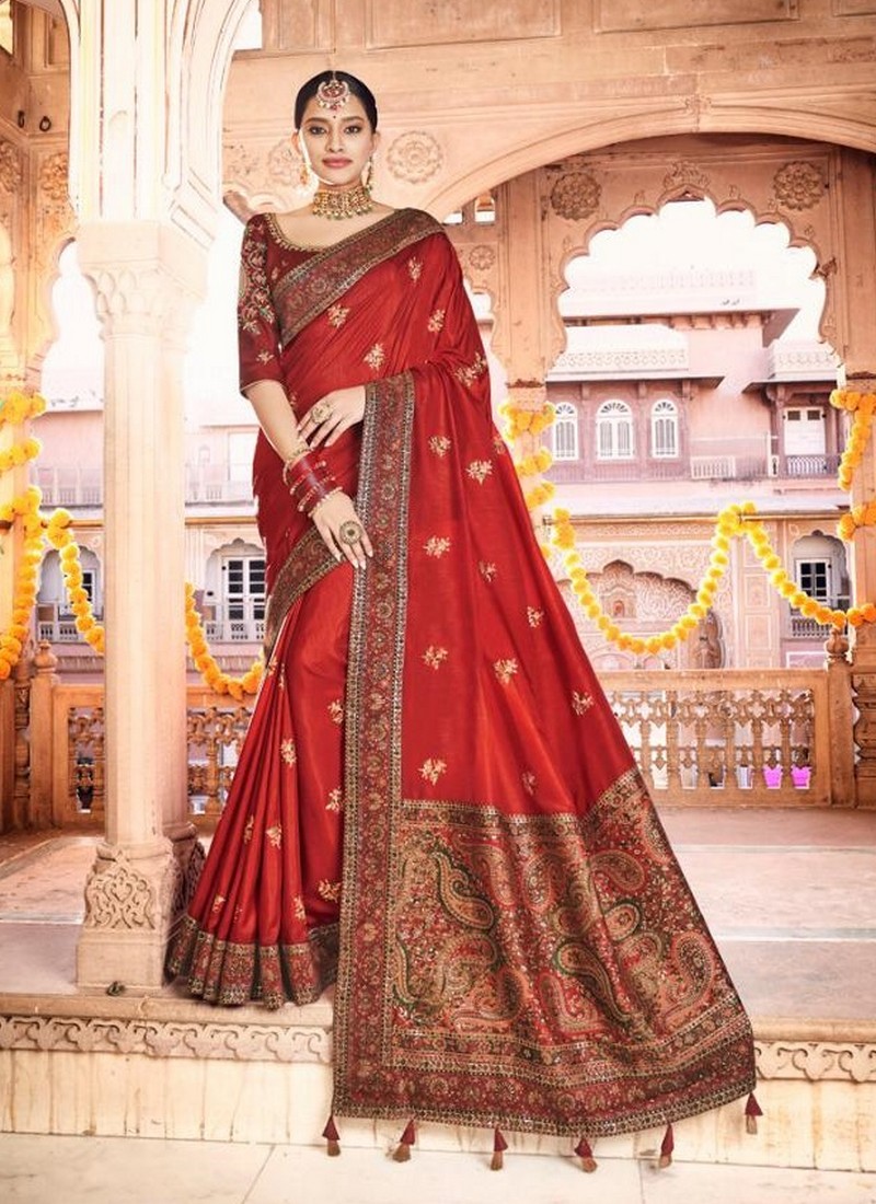 Red Colour Latest Fancy Designer Heavy Wedding Wear Dola Silk Saree  Kashmiri Brocade Maroon Colour Row Silk Blouse Saree Collection 4182 - The  Ethnic World