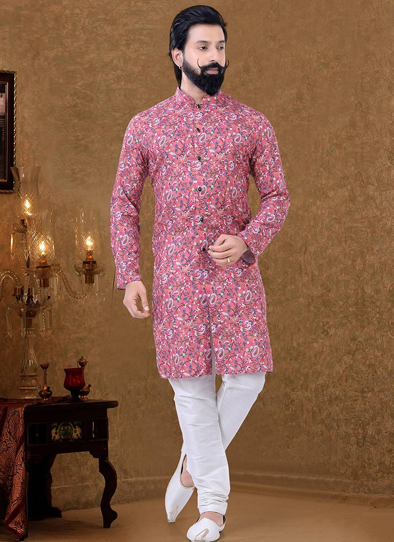 Red New Printed Ethnic Wear Cotton Mens Kurta Pajama Collection KS ...