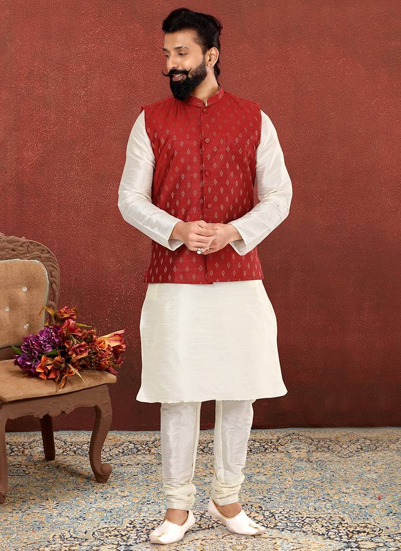 Red Vastra Swarg Party Wear Kurta Pajama With Jacket Mens Collection ...