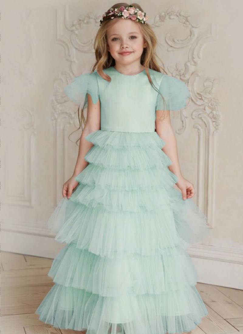 Designer Sea Green Color Party Style Fancy Work Taffeta Fabric Gown