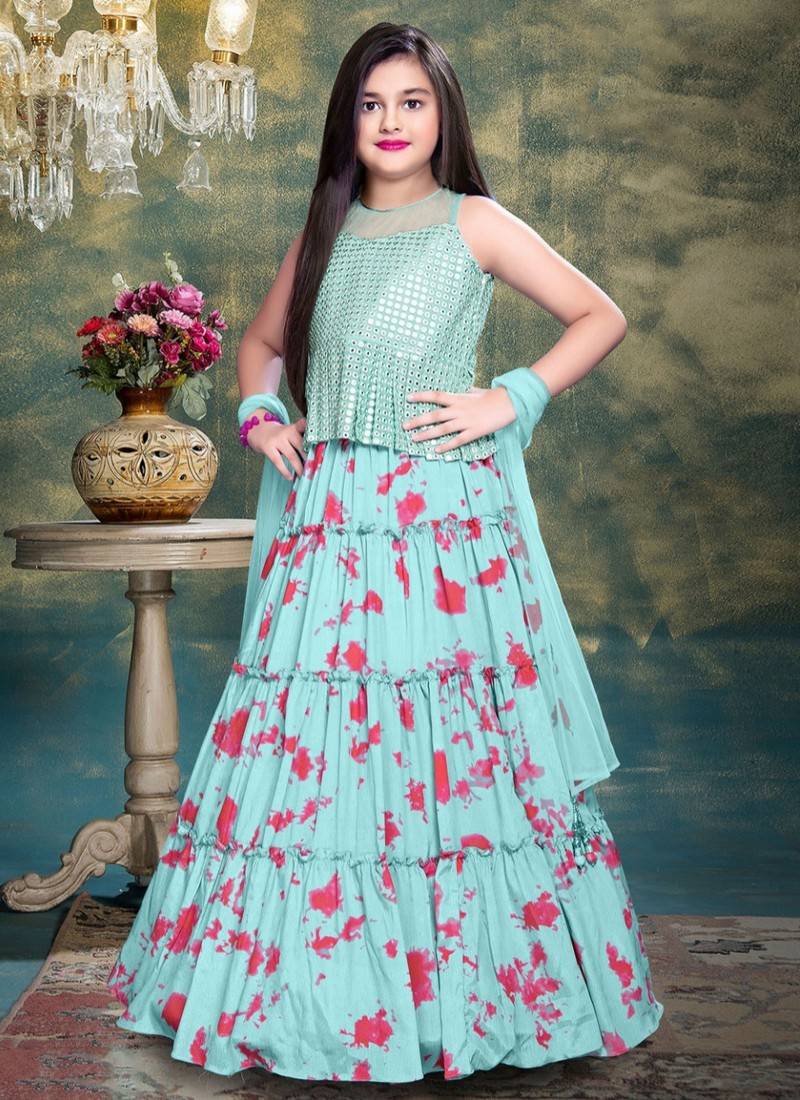 Latest Blue White Fancy Net Kids Lehenga Choli Collection (Set Of 7Pcs) |  Lehenga for girls, Kids designer dresses, Kids gown design