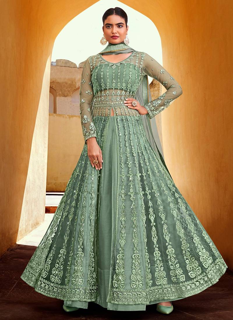 Dark Sea Green Designer Heavy Embroidered Bridal Anarkali Gown | Saira's  Boutique