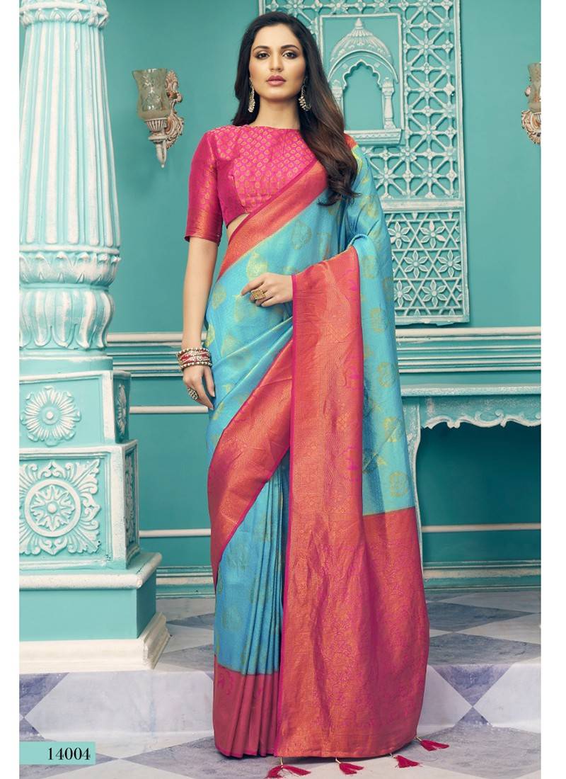 Buy ZEEL Women's Kanchiipuram Silk kanchi Pattu Saree with Blouse (blue  colour) at Amazon.in