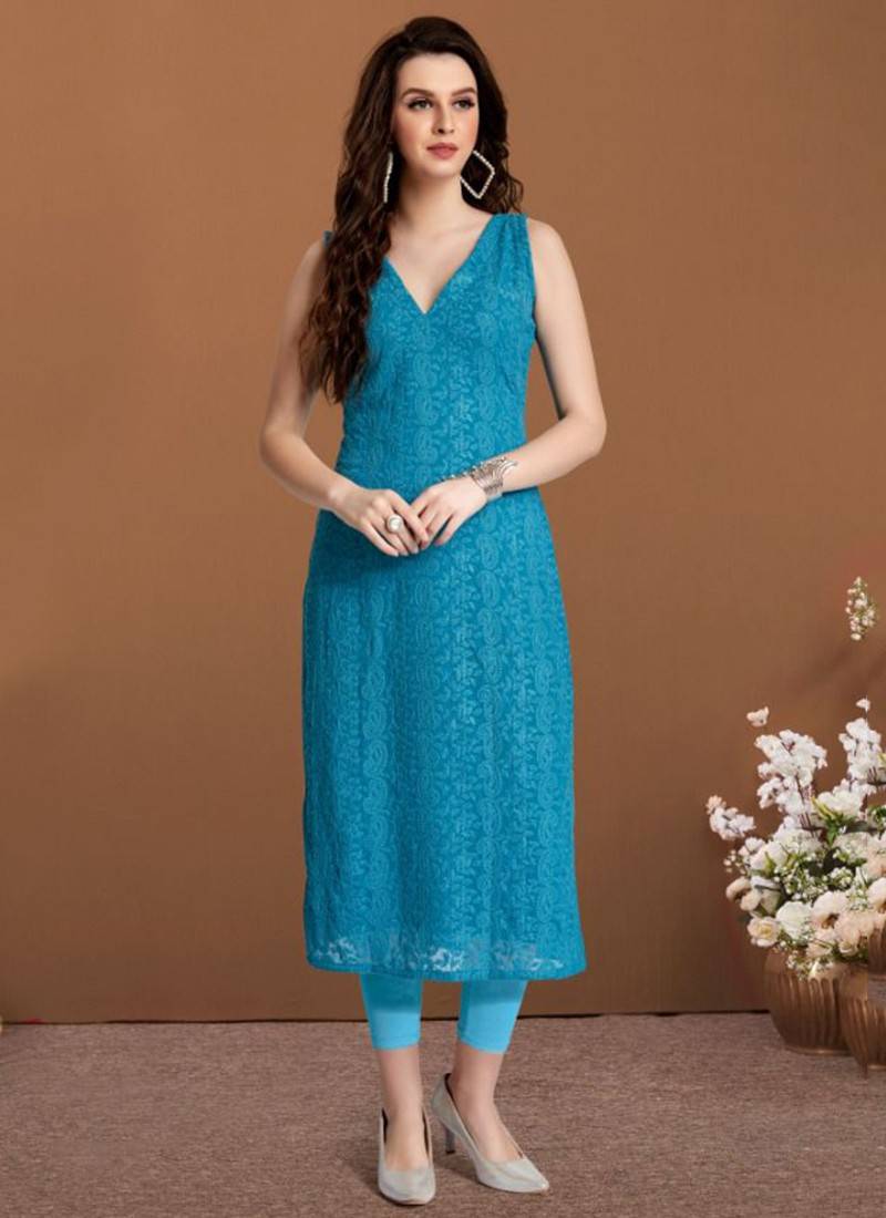 Buy Aqua Blue Kurti with Pant Set for Women Online in India