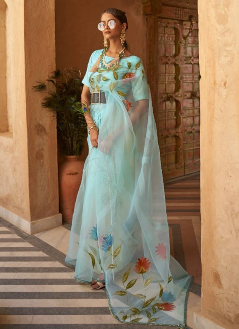 Sky Blue Jacquard Silk Saree, 6.3m With Blouse at Rs 370/piece in Surat |  ID: 27156666912