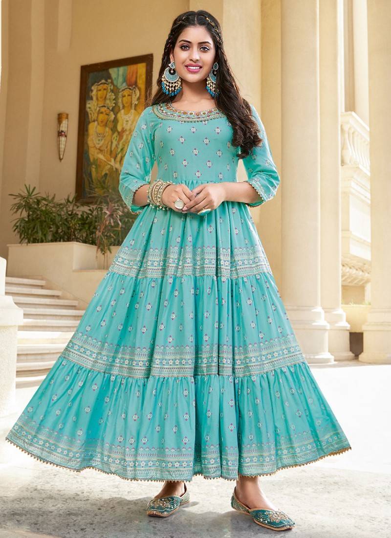 Sky Blue Pure Cambric Cotton Jaipuri Printed Kurti – Rajnandini Fashion