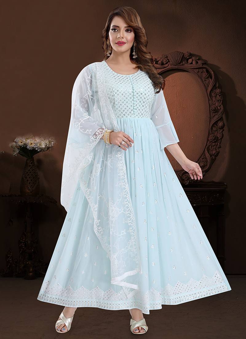 Sky Blue Faux Georgette Sequence Work Gown With Lehenga And Dupatta Se –  SurtiSilk