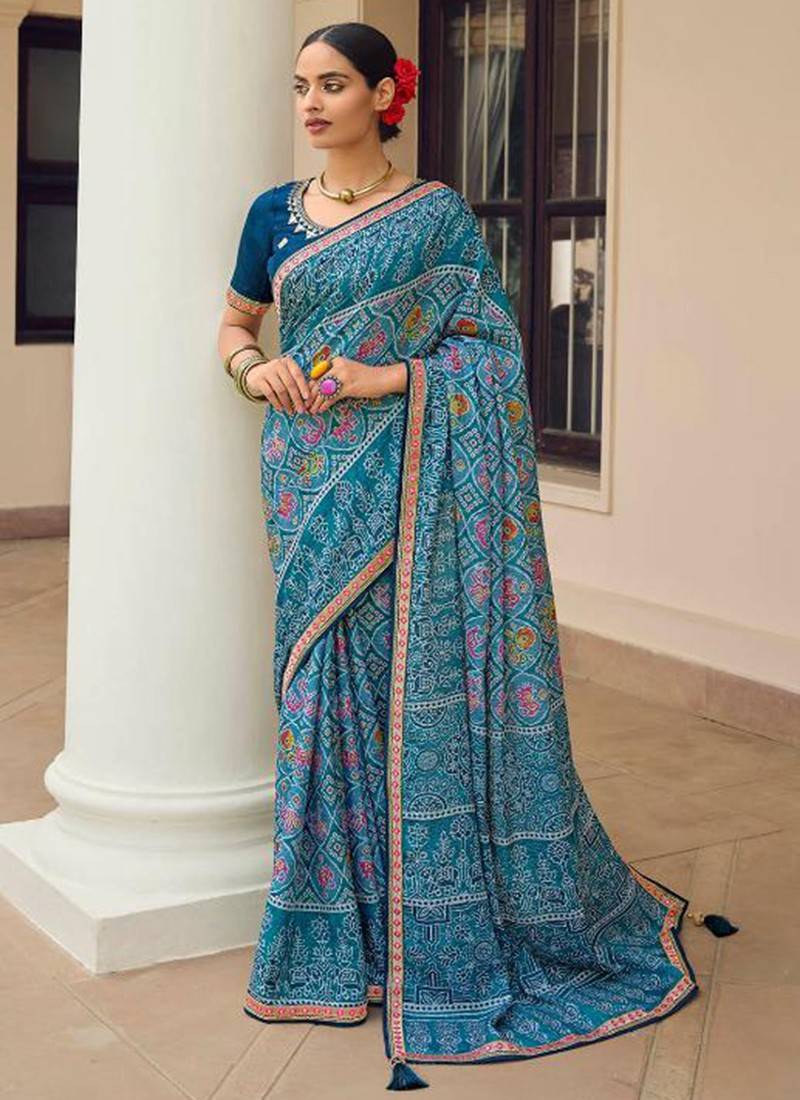 Buy Sky Blue color lichi silk jacquard traditional saree at fealdeal.com