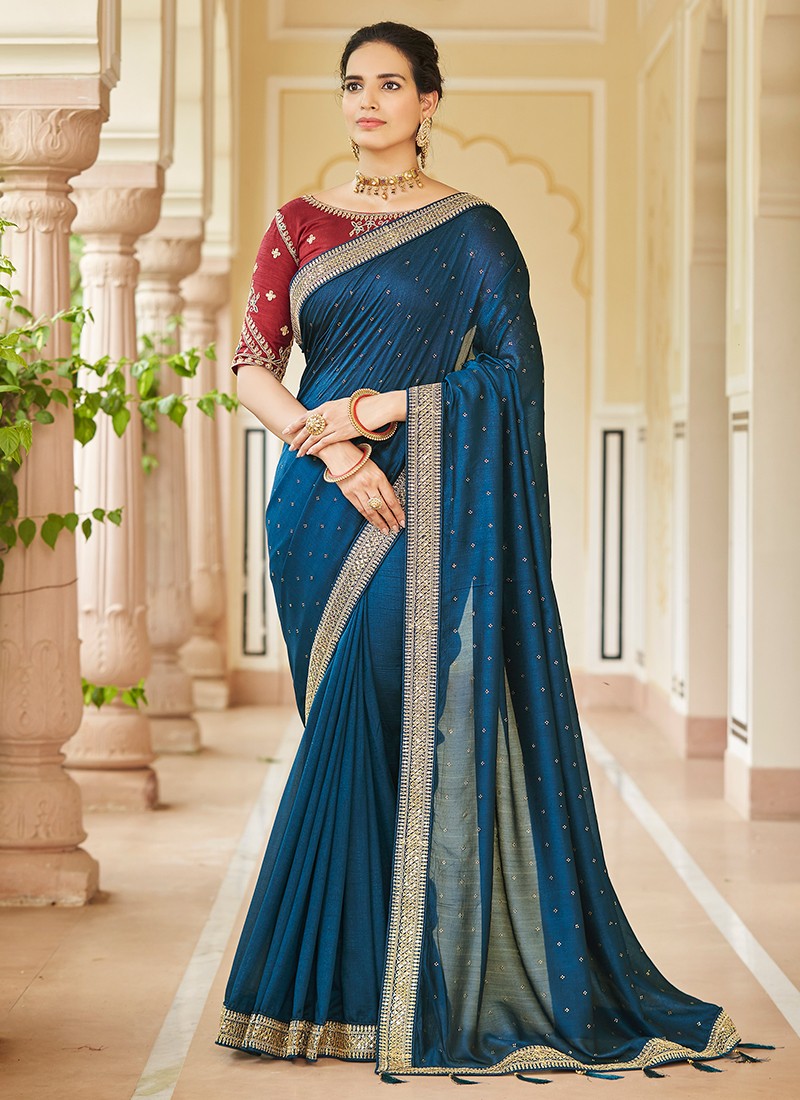 Teal blue chiffon swarovski diamond work saree with blouse - Lilots -  4174566