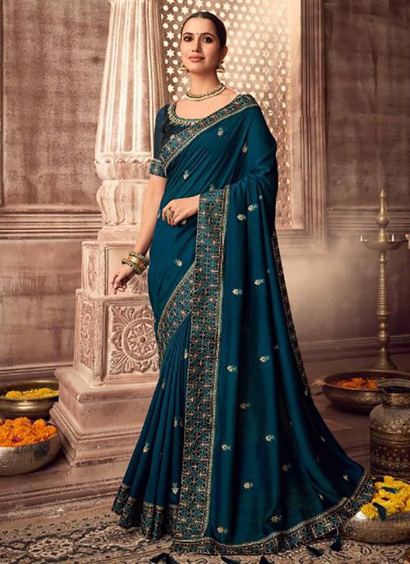 Buy Teal Blue Heavy Party Wear Saree