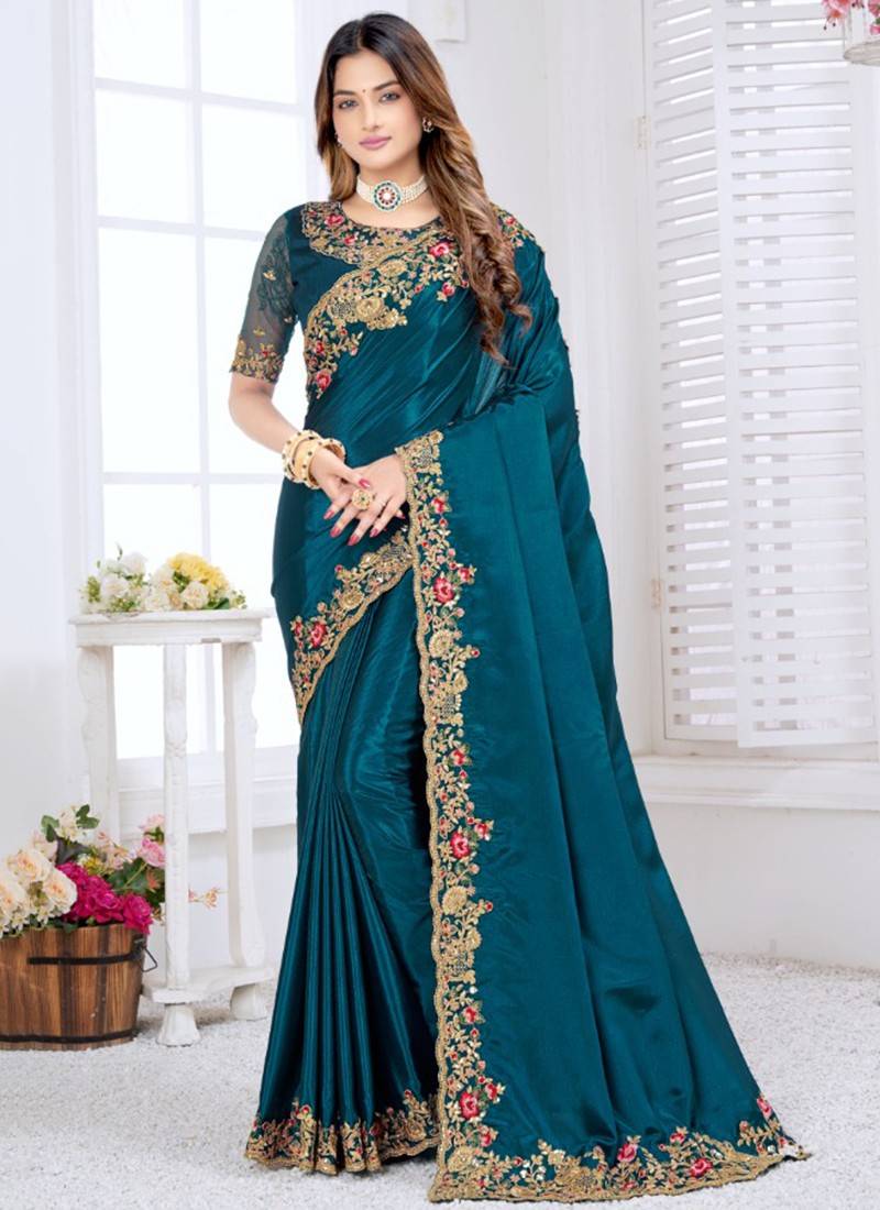 High Glitz Fashion Women's Heavy Net Embroidery Pearl Stone Work Blue Color  Designer Saree with Un-Stitched Benglori Silk Blouse Piece : Amazon.in:  Fashion