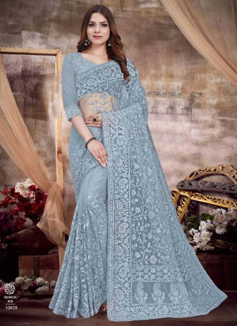 Light Cyan Color Fancy Net Fabric Party Wear Saree