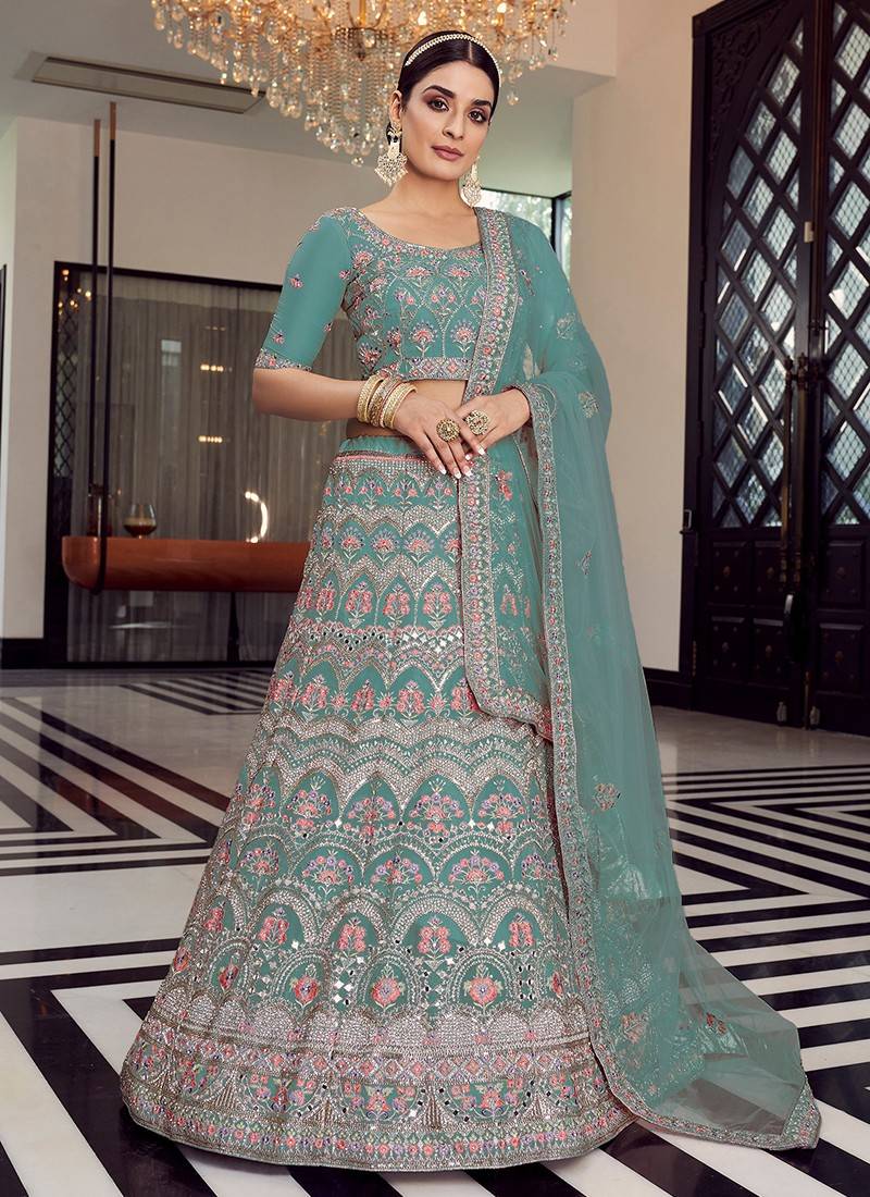 Buy Adorable Turquoise Sequins Georgette Wedding Wear Lehenga Choli - Zeel  Clothing