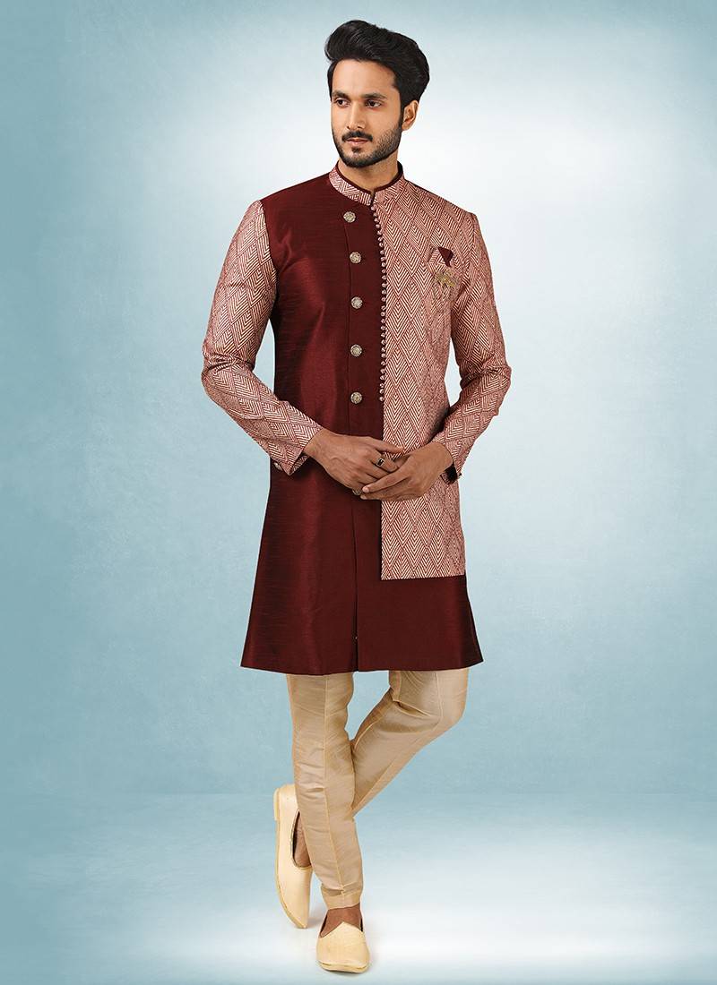 SOJANYA Nehru Jackets : Buy SOJANYA Silk Blend Wine & Gold Self Design Nehru  Jacket Online | Nykaa Fashion.