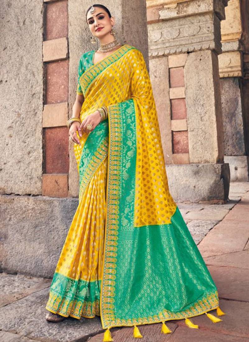 Yellow and Green color pochampally ikkat pure silk handloom saree with all  over pochampally design saree -