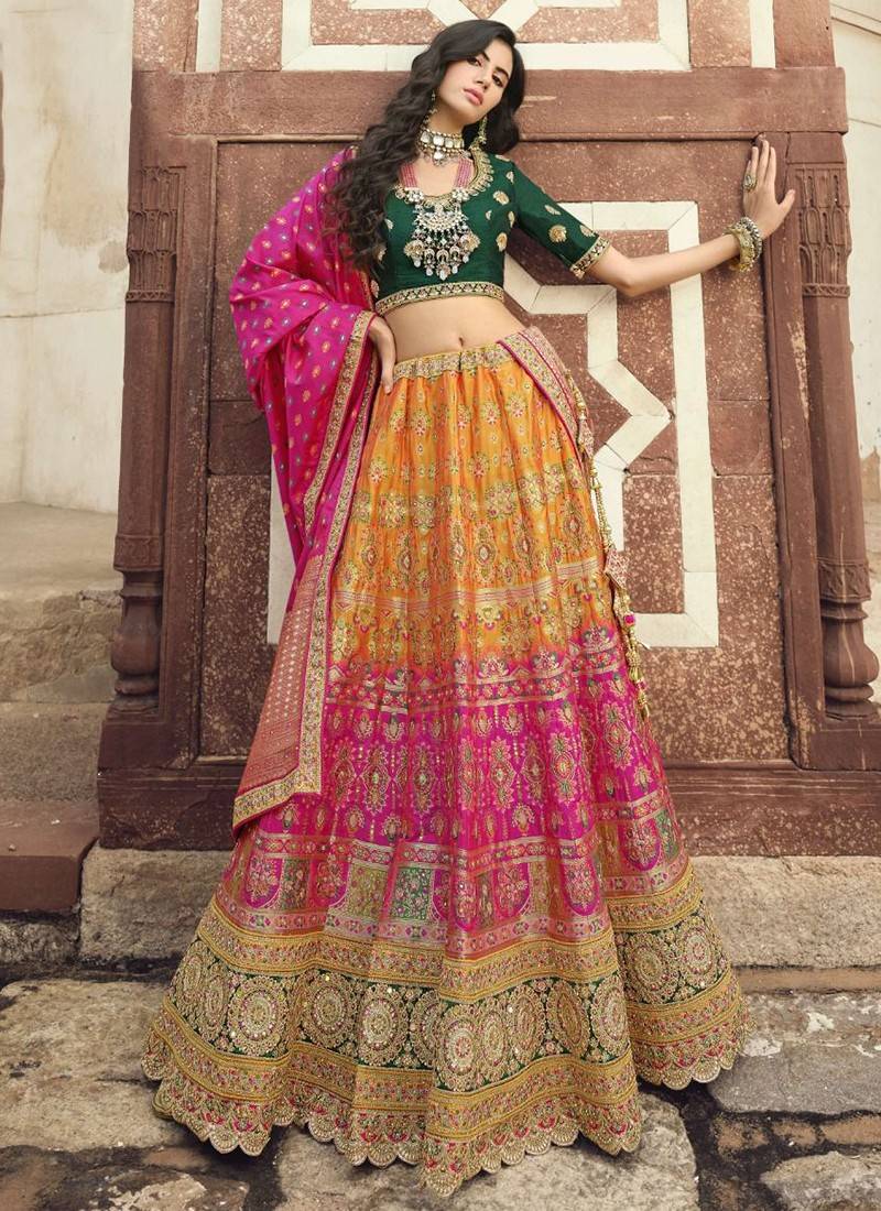 mustard yellow silk sequin and thread embroidered Lehenga choli and pi –  MOHAR
