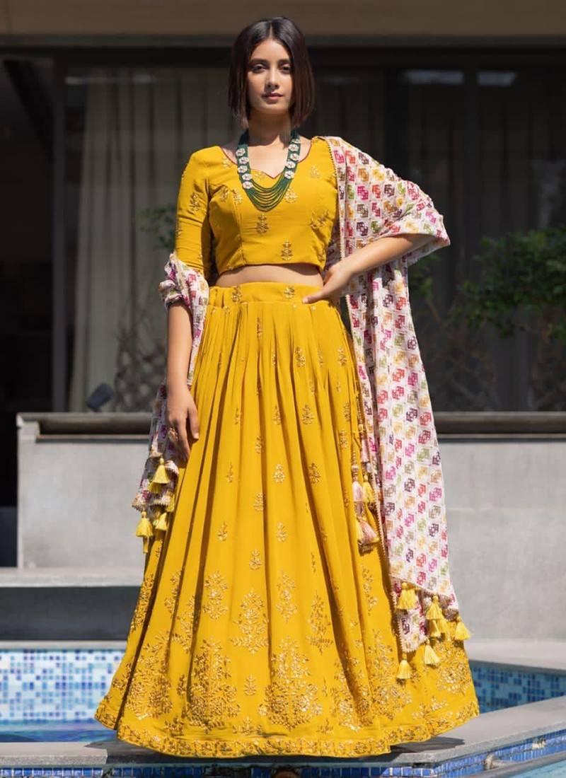 Buy Yellow Georgette Woven And Rose Lehenga With Draped Crop Top For Women  by Suruchi Parakh Online at Aza Fashions.