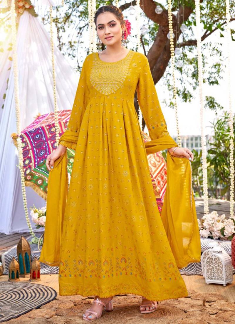 Chinon Silk Fabric Reception Wear Embroidered Readymade Long Anarkali Style  Gown In Yellow Color