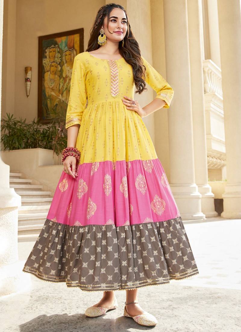 Rayon Yellow Printed Nyraa cut Ethnic Dress | Ethnic dress, Casual wear  dress, Womens business casual