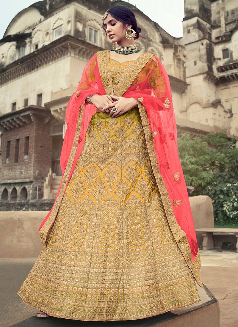 Buy Wedding Wear Yellow Sequins Work Art sILK Lehenga Choli Online From  Surat Wholesale Shop.