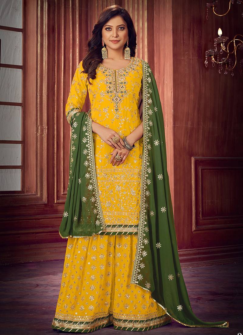 Pure Silk Party Wear Suit in Yellow Color With Embroidery Work - Party Wear  Salwar Suit - Suits & Sharara