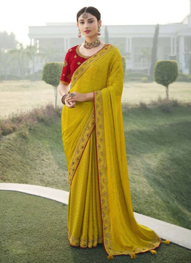 Musterd Yellow Silk Saree for women designer latest wedding wear saree