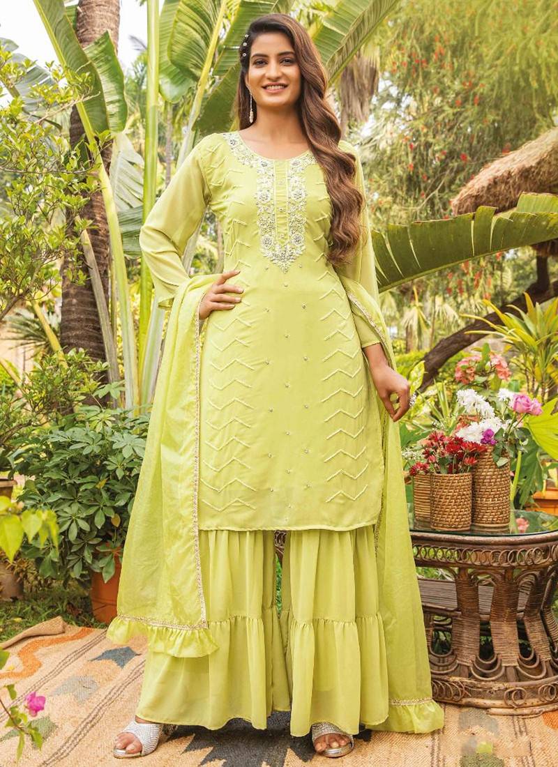 Light yellow green color Silk Gharara Dress with Embroidered Net Dupat –  CNP Associates LLC