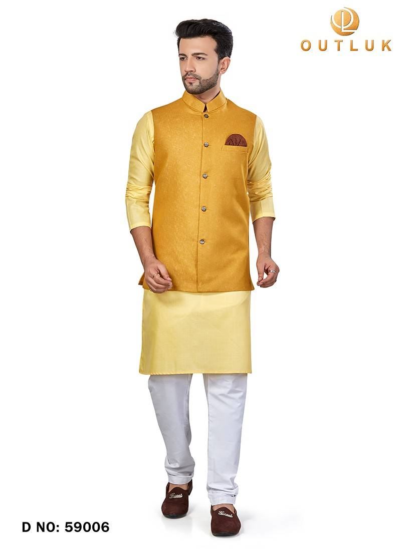 Yellow Kurta Pajama With Embroidered Nehru Jacket 886MW01