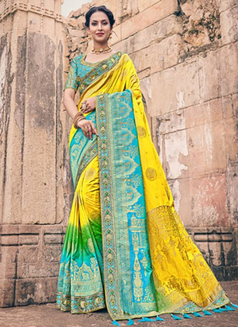 Bright yellow silk saree with contrast border - G3-WSA54499 | G3fashion.com