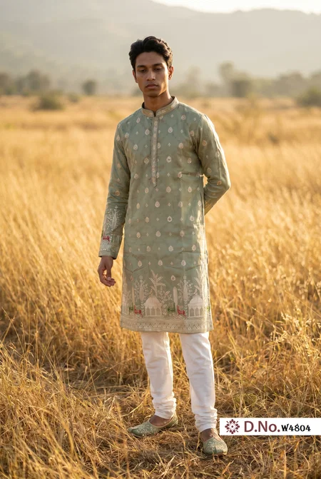 Green Color Outluk Wedding Vol 48 Pure Silk Fabric With Embroidery Work Mens Wear Kurta Payjama W4804